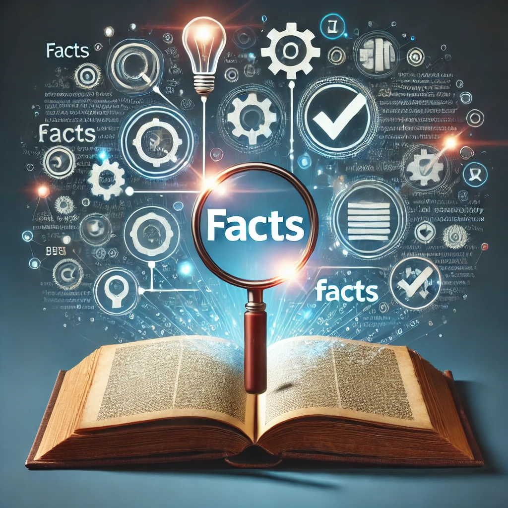 Facts Meaning - image showing an open book with digital text highlighting key words like "FACTS" surrounded by icons such as a magnifying glass, checkmark, and lightbulb, symbolizing knowledge, verification, and discovery.