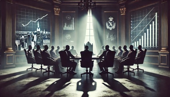 Oligarch Meaning - a powerful boardroom scene with shadowy figures around a large table, symbolizing the concentration of wealth and power. In the background, subtle imagery of city skylines and financial charts suggest the economic influence of oligarchs.