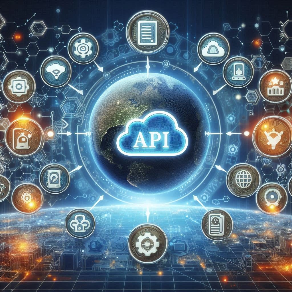 api meaning - image illustrating the concept of API with icons representing data exchange, cloud computing, and software integration.