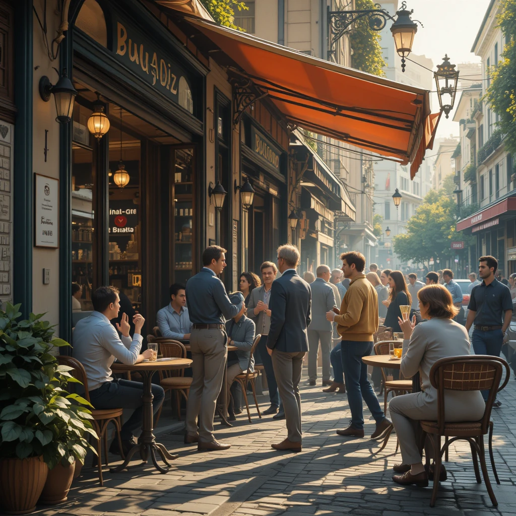 buongiorno meaning - an Italian café with people greeting each other in the morning, capturing the essence of "Buongiorno" in daily life.