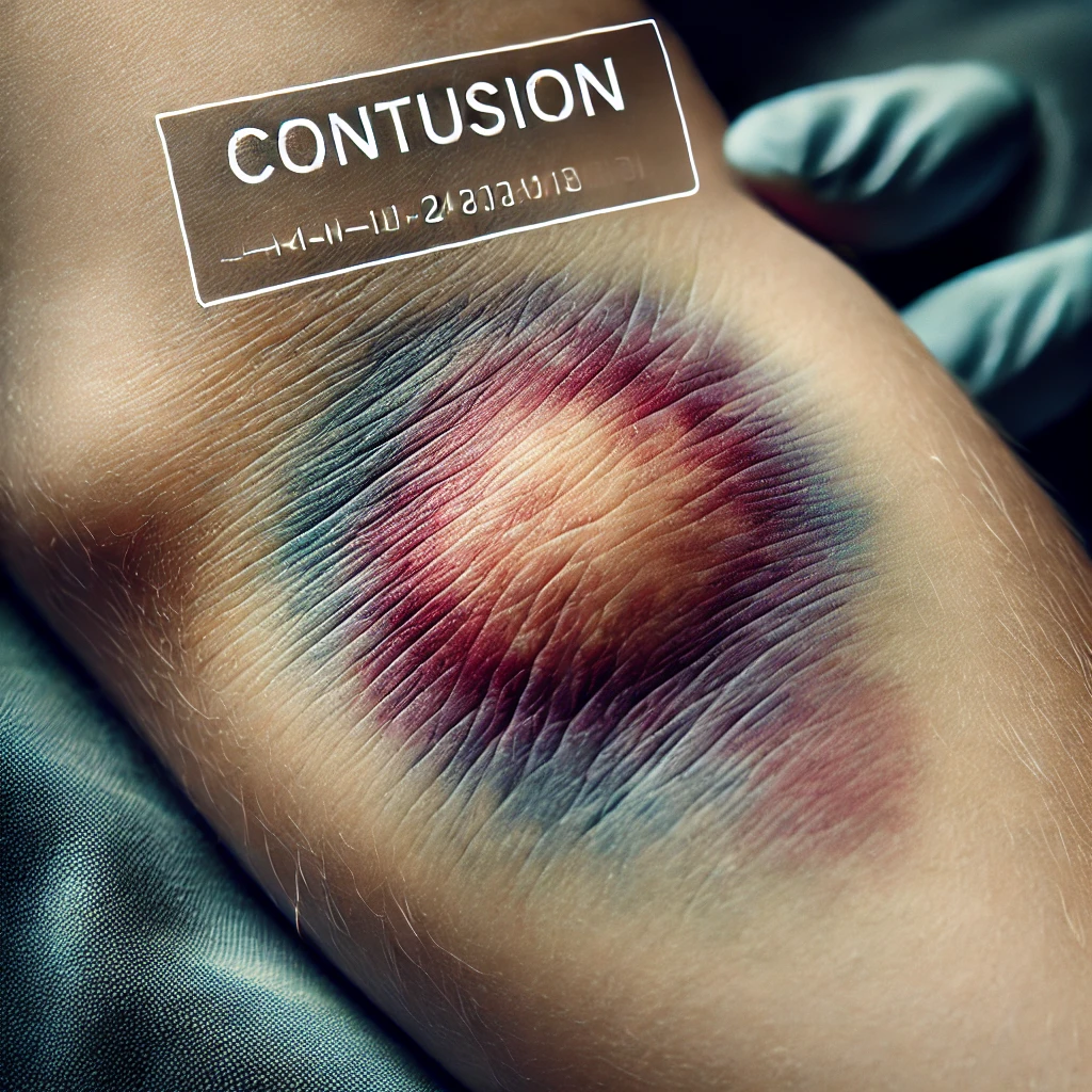 contusion meaning - image depicting a close-up view of a bruised area on a human arm. The image highlights the discoloration and swelling typical of a contusion, with a subtle medical overlay indicating "contusion" for clarity.