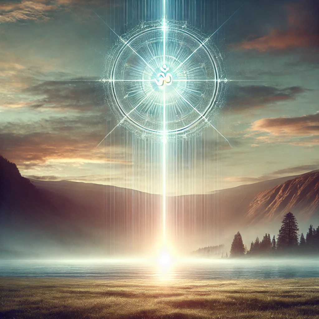 monotheism meaning - image depicting a serene landscape with a single radiant light shining from the sky, symbolizing the concept of a singular divine presence. The image might also include subtle religious iconography, such as a faint silhouette of a sacred symbol, emphasizing unity and transcendence.